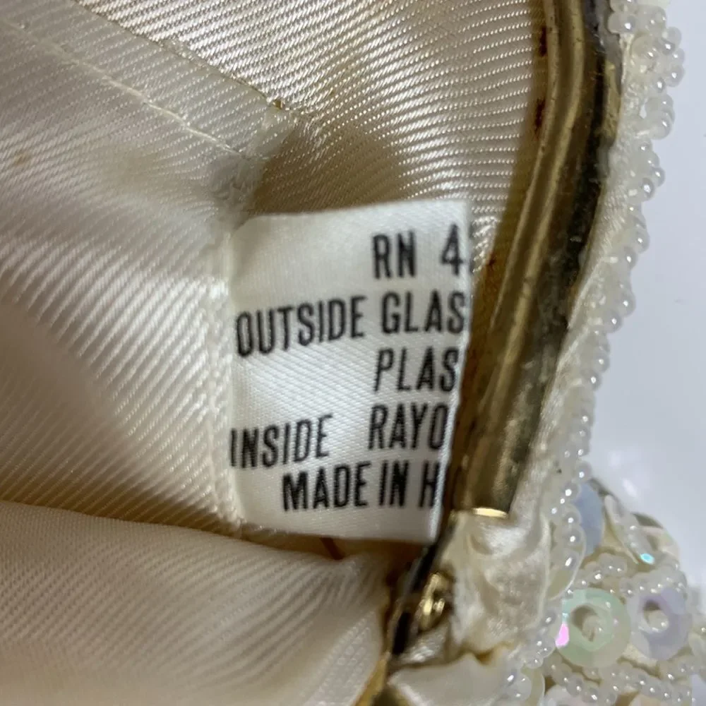 Vintage Ivory Satin Iridescent Sequin Beaded Evening Bridal Clutch Bag
